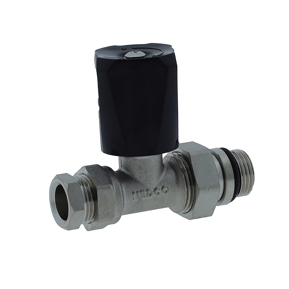 60804201 Radiator valve 15mm straight w/ comp st 1/2"x15mm black knob