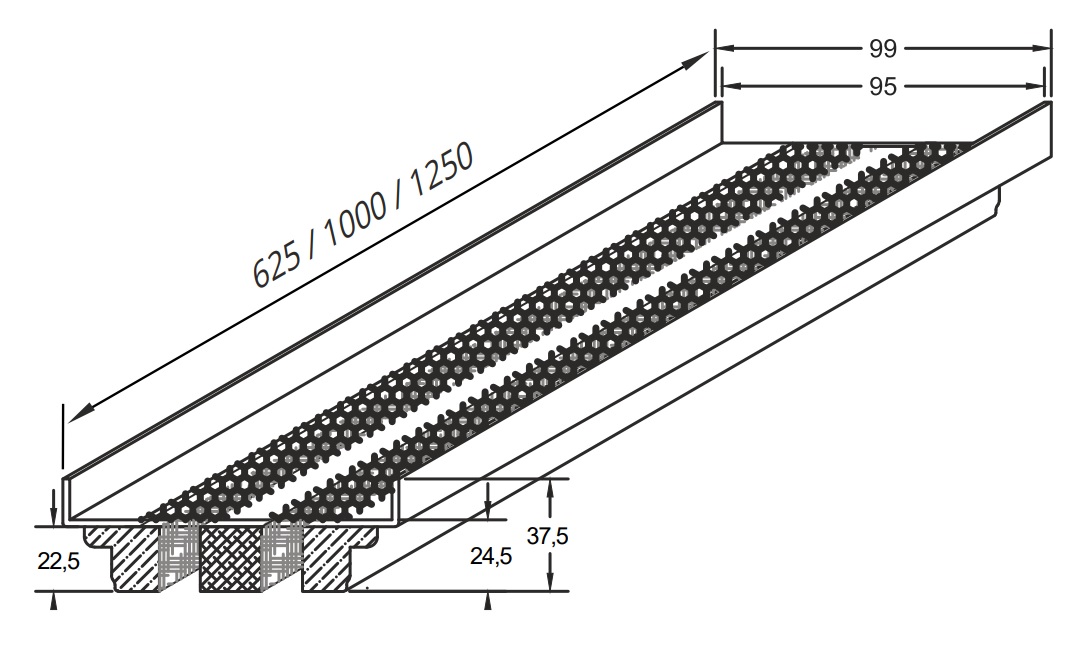 Lineair lijnrooster, instucbaar, 2 sleuven 625x212mm detail 3